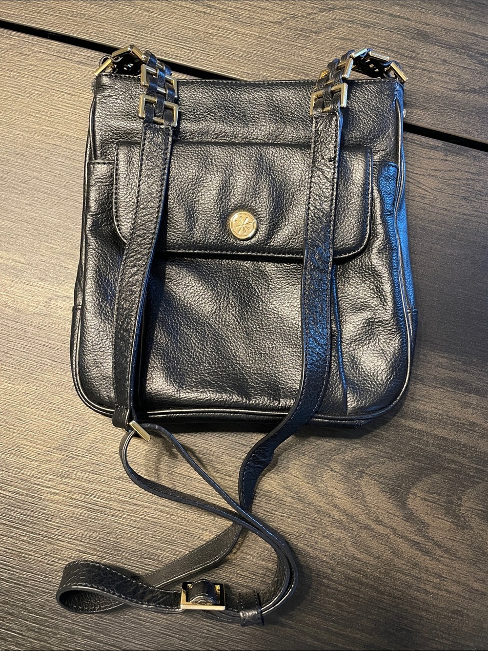 Isaac Mizrahi Black Genuine Leather Crossbody with Gold-Tone Hardware